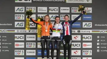Shirin van Anrooij wins the first-ever Junior Women's world title, with Puck Pieterse in silver and Maddie Munro in bronze. 2020 UCI Cyclocross World Championships, Dübendorf, Switzerland. © B. Hazen / Cyclocross Magazine