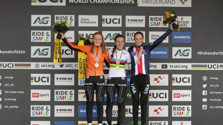 Shirin van Anrooij wins the first-ever Junior Women's world title, with Puck Pieterse in silver and Maddie Munro in bronze. 2020 UCI Cyclocross World Championships, Dübendorf, Switzerland. © B. Hazen / Cyclocross Magazine