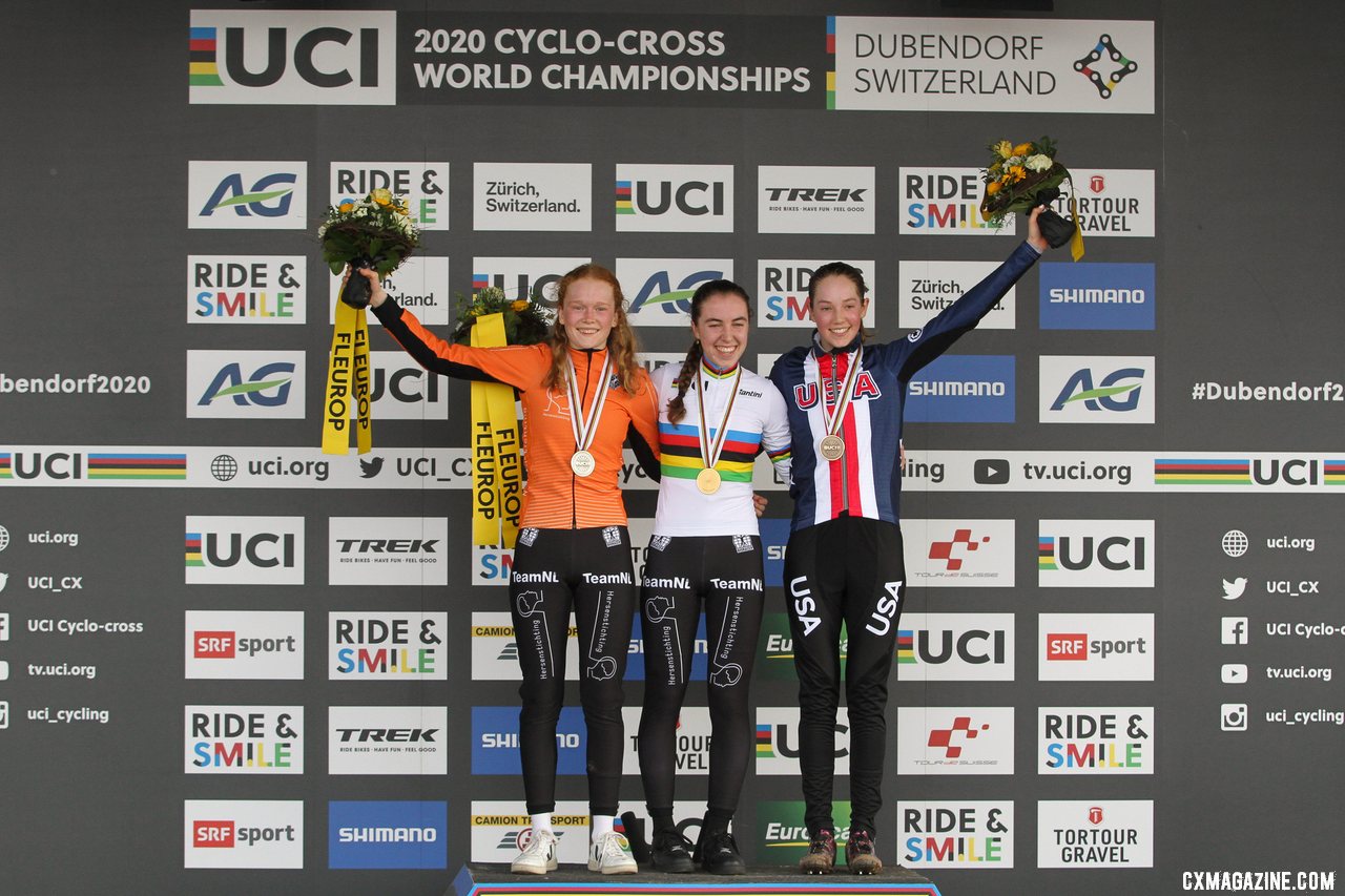 Shirin van Anrooij wins the first-ever Junior Women's world title, with Puck Pieterse in silver and Maddie Munro in bronze. 2020 UCI Cyclocross World Championships, Dübendorf, Switzerland. © B. Hazen / Cyclocross Magazine
