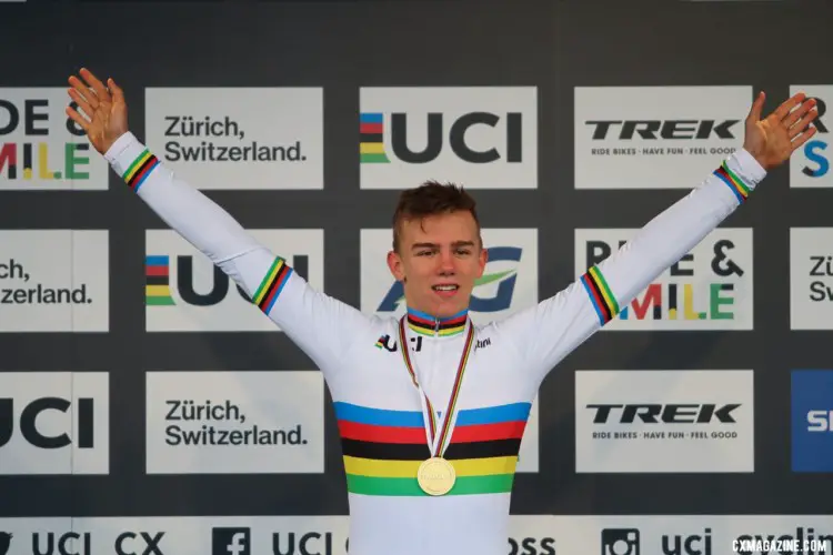Thibau Nys capped off a dominant season with a Junior Men's world title. 2020 UCI Cyclocross World Championships, Dübendorf, Switzerland. © B. Hazen / Cyclocross Magazine