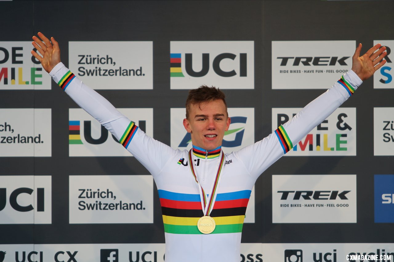 Thibau Nys capped off a dominant season with a Junior Men's world title. 2020 UCI Cyclocross World Championships, Dübendorf, Switzerland. © B. Hazen / Cyclocross Magazine