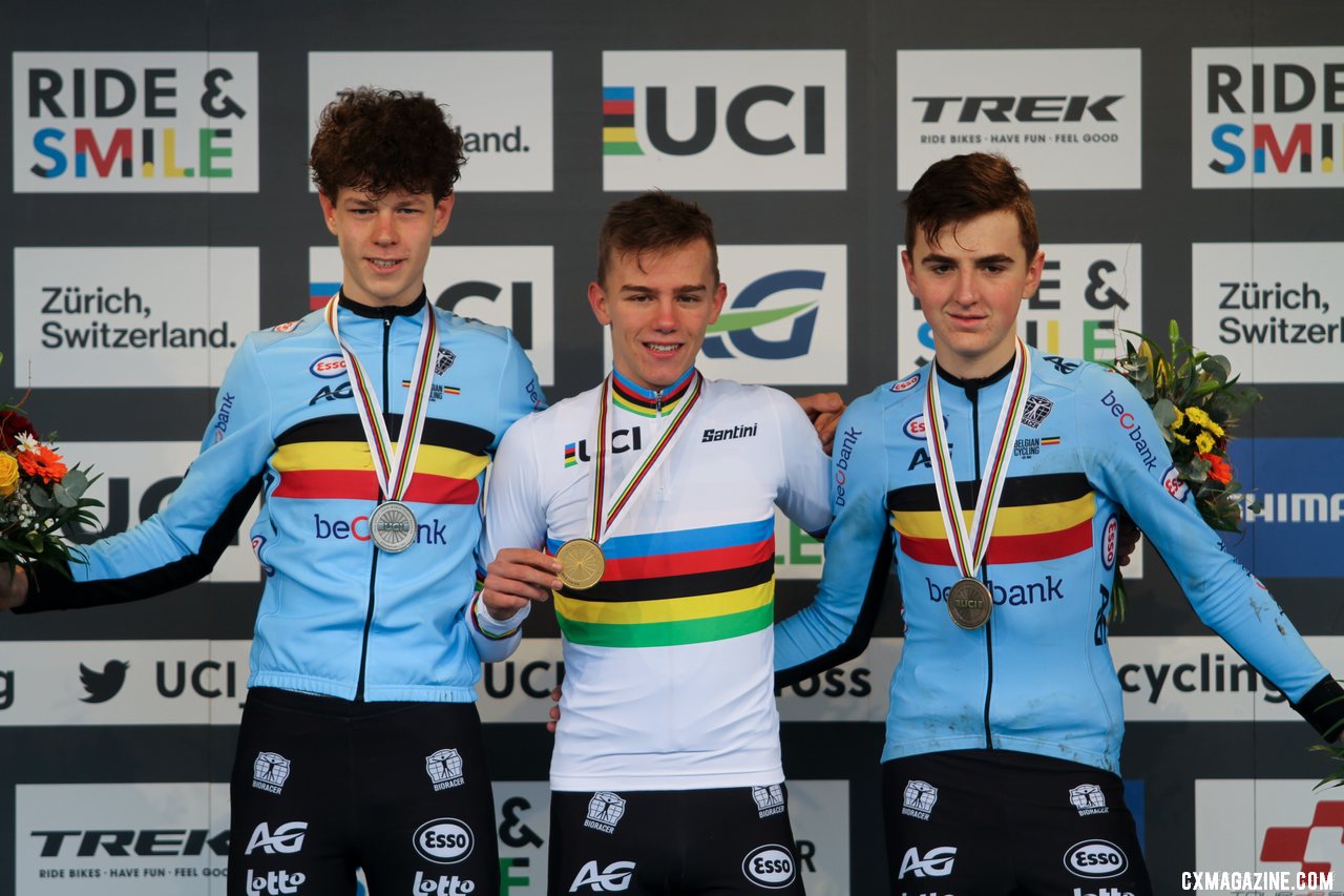 The Belgians made up for yesterday's medal drought with a sweep in the Junior Men's race. 2020 UCI Cyclocross World Championships, Dübendorf, Switzerland. © B. Hazen / Cyclocross Magazine