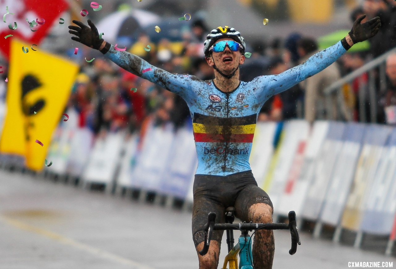 Thibau Nys caps off a dominant season with a Junior Men's world championship and rainbow jersey. 2020 UCI Cyclocross World Championships, Dübendorf, Switzerland. © B. Hazen / Cyclocross Magazine