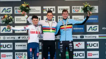 Elite Men, from L to R: Pidcock, van der Poel and Aerts. 2020 UCI Cyclocross World Championships, Dübendorf, Switzerland. © B. Hazen / Cyclocross Magazine