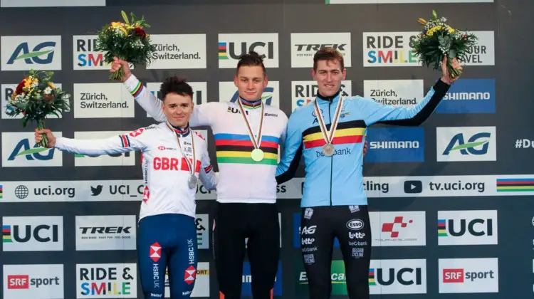 Elite Men, from L to R: Pidcock, van der Poel and Aerts. 2020 UCI Cyclocross World Championships, Dübendorf, Switzerland. © B. Hazen / Cyclocross Magazine