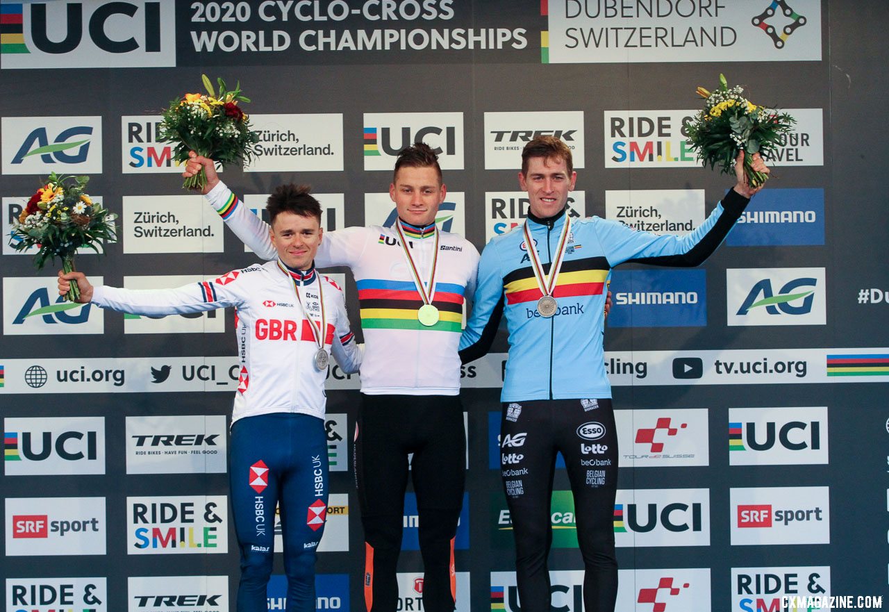 Elite Men, from L to R: Pidcock, van der Poel and Aerts. 2020 UCI Cyclocross World Championships, Dübendorf, Switzerland. © B. Hazen / Cyclocross Magazine