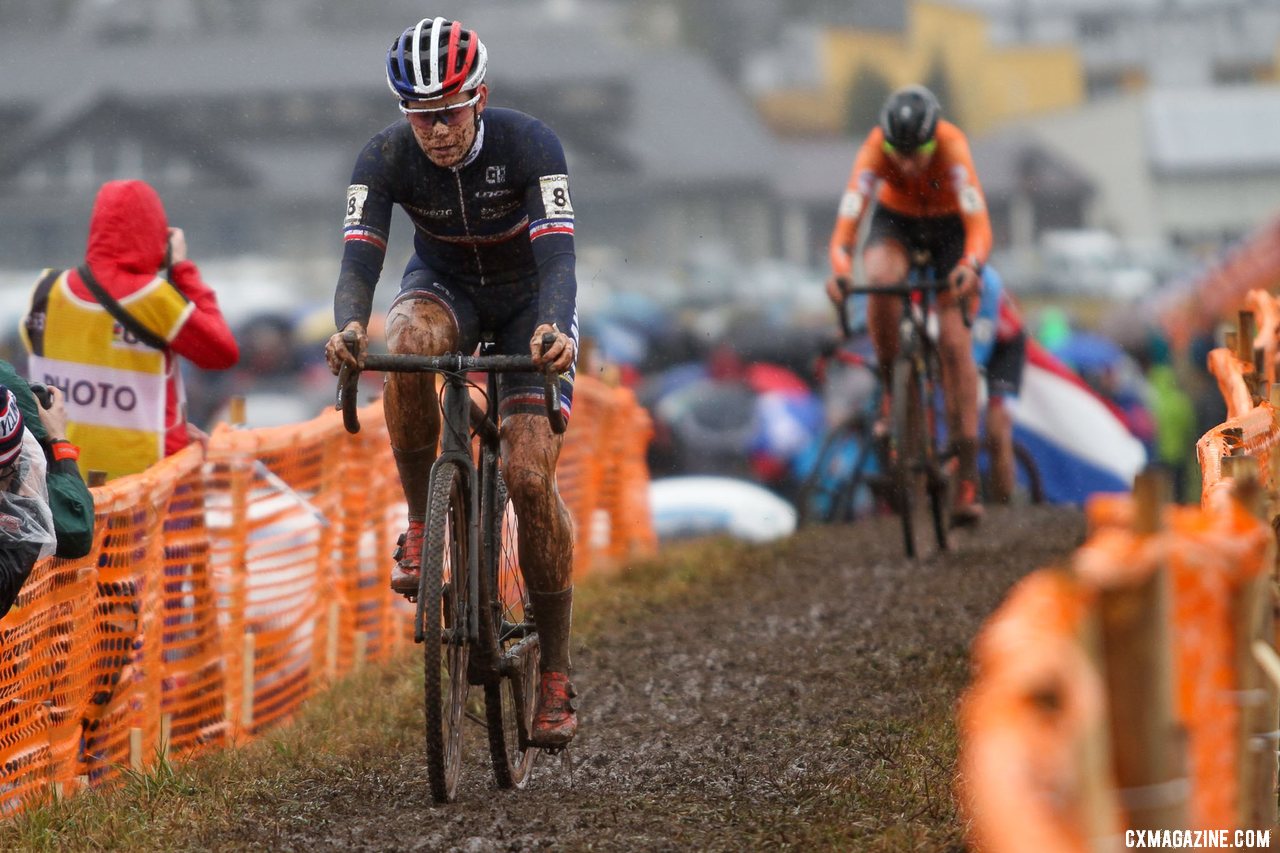 Riberolle leads Bakker on lap two. U23 Women, 2020 UCI Cyclocross World Championships, Dübendorf, Switzerland. © B. Hazen / Cyclocross Magazine