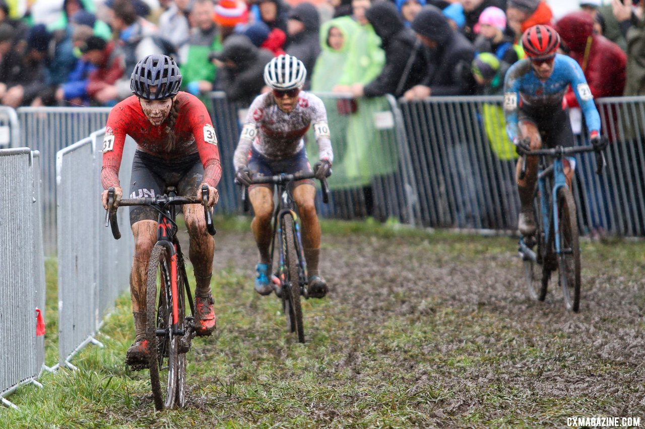 Vas leads Kay and West. U23 Women, 2020 UCI Cyclocross World Championships, Dübendorf, Switzerland. © B. Hazen / Cyclocross Magazine