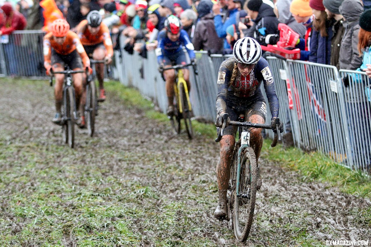 Katie Clouse grabbed an early first-lap lead in her first year as a true U23 racer. U23 Women, 2020 UCI Cyclocross World Championships, Dübendorf, Switzerland. © B. Hazen / Cyclocross Magazine