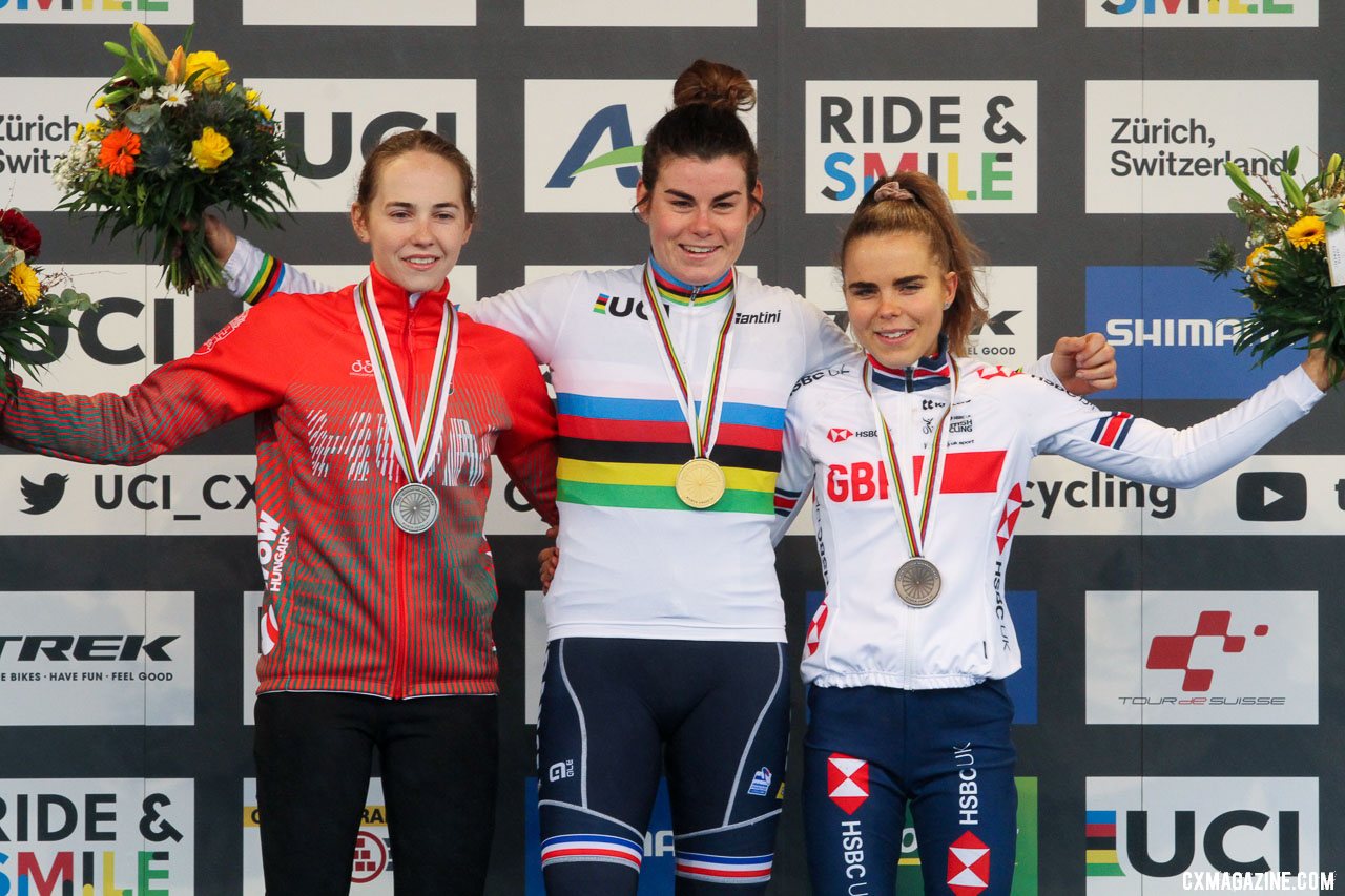 From L to R: Vas, Riberolle and Kay. U23 Women, 2020 UCI Cyclocross World Championships, Dübendorf, Switzerland. © B. Hazen / Cyclocross Magazine