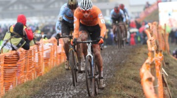 Van der Poel got off to an early lead with Aerts. 2020 UCI Cyclocross World Championships, Dübendorf, Switzerland. © B. Hazen / Cyclocross Magazine