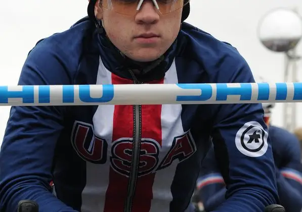 Strohmeyer showed his new National Champion-themed helmet on his way to 10th. Team USA. 2020 UCI Cyclocross World Championships, Dübendorf, Switzerland. © D. Steinle / Cyclocross Magazine