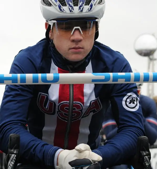 Strohmeyer showed his new National Champion-themed helmet on his way to 10th. Team USA. 2020 UCI Cyclocross World Championships, Dübendorf, Switzerland. © D. Steinle / Cyclocross Magazine