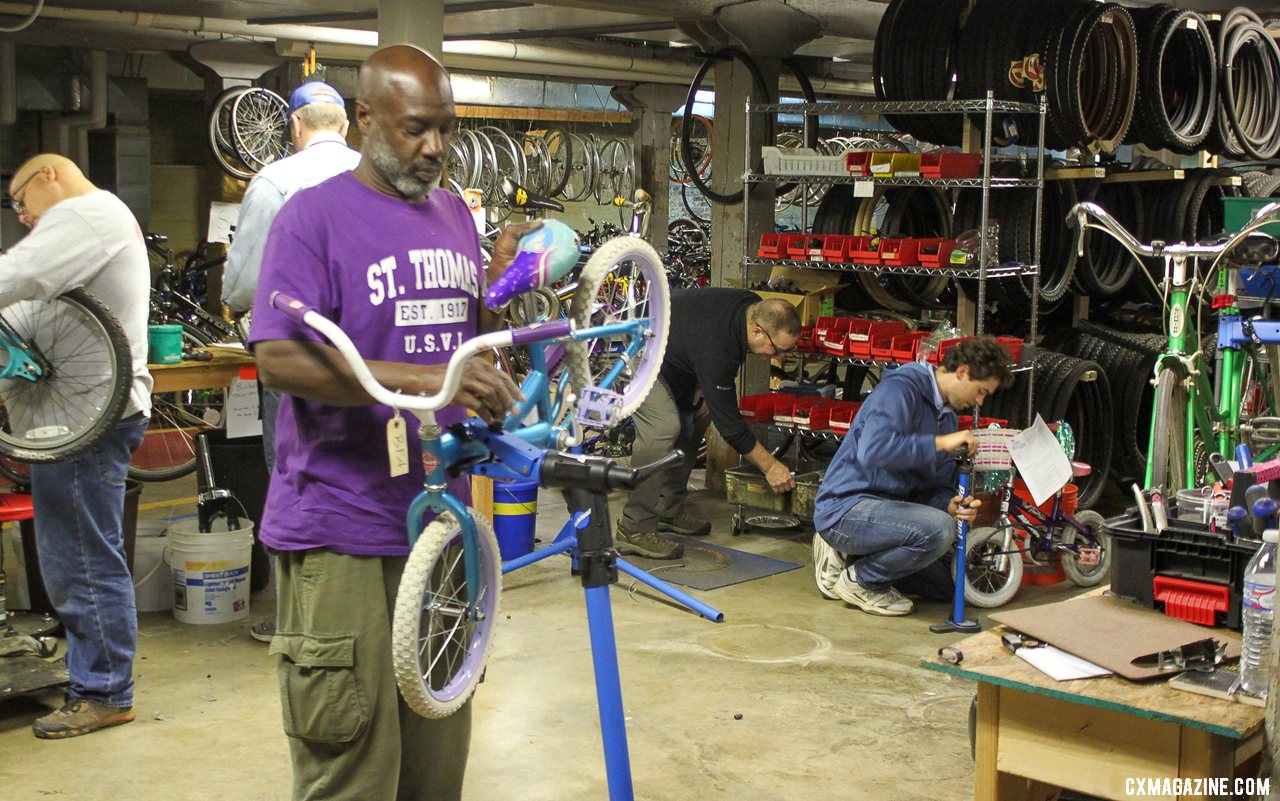 Volunteers power nonprofits like Bicycles for All nonprofit bike shop. © B. Grant / Cyclocross Magazine