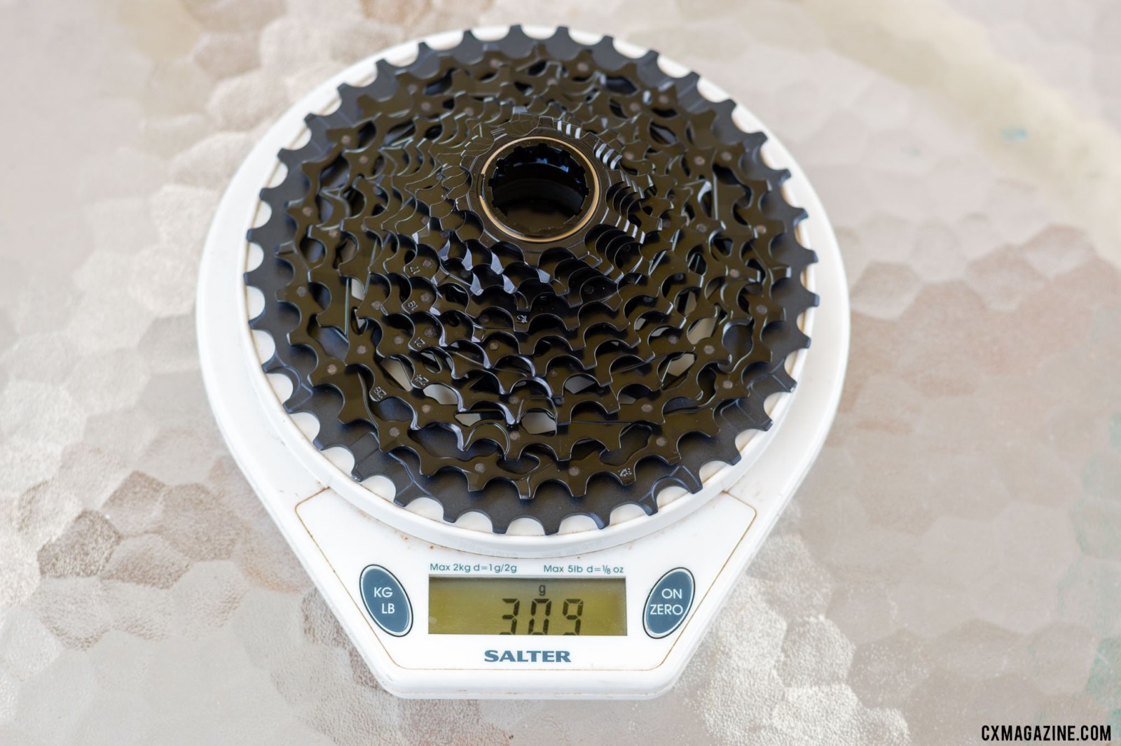 The new wide-range SRAM Force AXS eTap 10-36t cassette comes in just the Force level, and weighs 309 grams. © Cyclocross Magazine