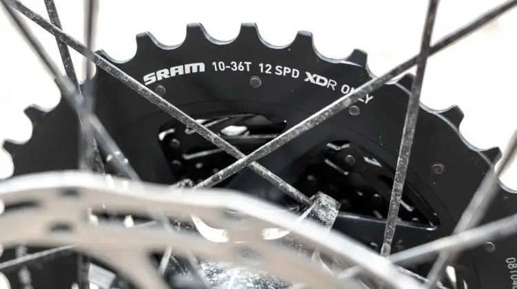 The new wide-range SRAM Force AXS eTap 10-36t cassette lowers and expands gearing options for gravel and cyclocross but requires a new rear derailleur. © Cyclocross Magazine