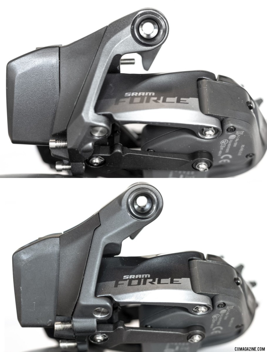 Can you see all ten differences? There's really just one: A longer B-knuckle adds capacity to the SRAM Force AXS eTap rear derailleur (lbottom). © Cyclocross Magazine