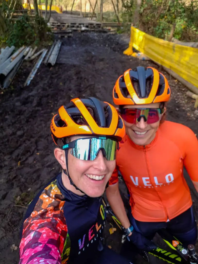 Corey Coogan Cisek and teammate Michelle Geoghegan pre-riding Niel, before the course bridge is complete. photo: courtesy