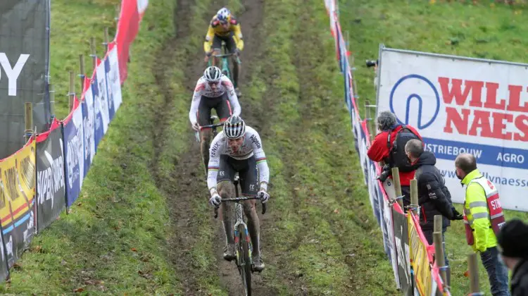 Van der Poel leads the chase of Pidcock. 2020 UCI Cyclocross World Cup, Elite Men. © Cyclocross Magazine