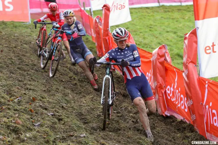 Honsinger leads Richards. 2020 Namur UCI Cyclocross World Cup Women. © Cyclocross Magazine