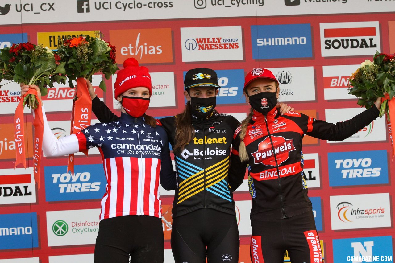 Honsinger, Brand and Betsema. 2020 Namur UCI Cyclocross World Cup Women. © Cyclocross Magazine