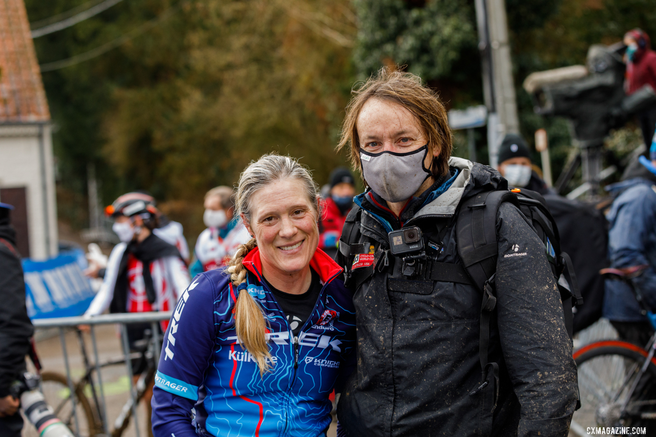 Katie Compton and husband Mark Legg soak in their final European campaign. 2021 UCI Overijse Cyclocross World Cup. © Alain Vandepontseele / Cyclocross Magazine