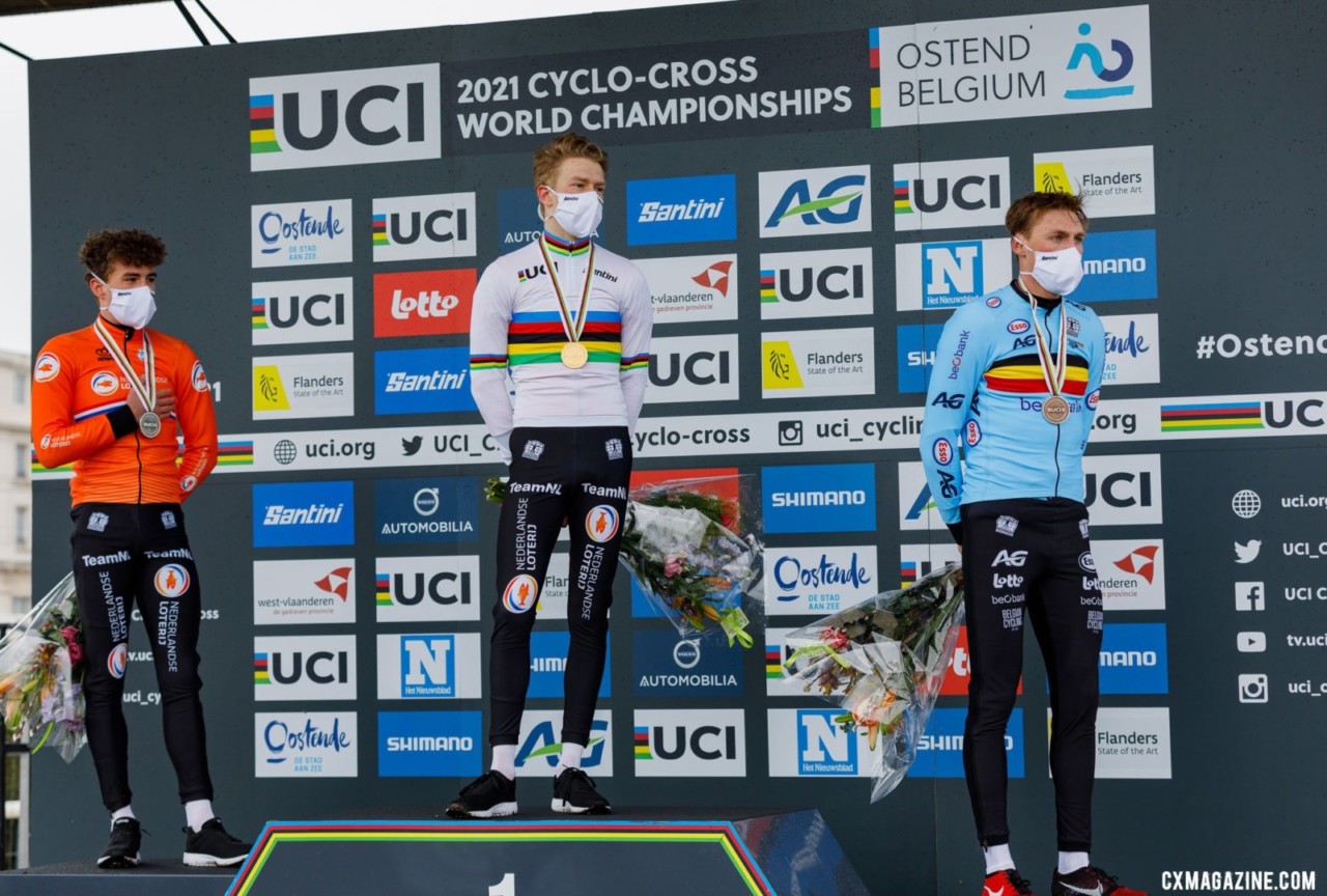 Pim Ronhaar wins the U23 Men, with Ryan Kamp in second and Timo Kielich in third. 2021 Cyclocross World Championships, Ostend, Belgium. © Alain Vandepontseele / Cyclocross Magazine