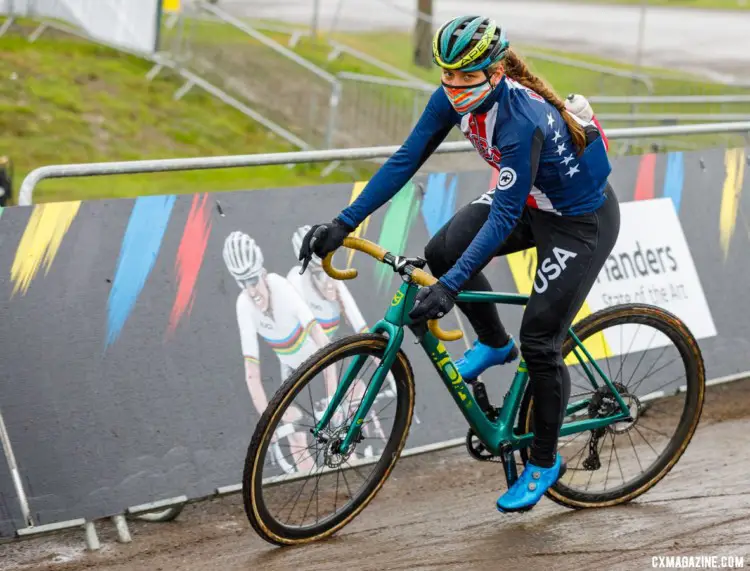 Fahringer warming up before the race. North American Elite Women, 2021 Cyclocross World Championships, Ostend, Belgium. © Alain Vandepontseele / Cyclocross Magazine