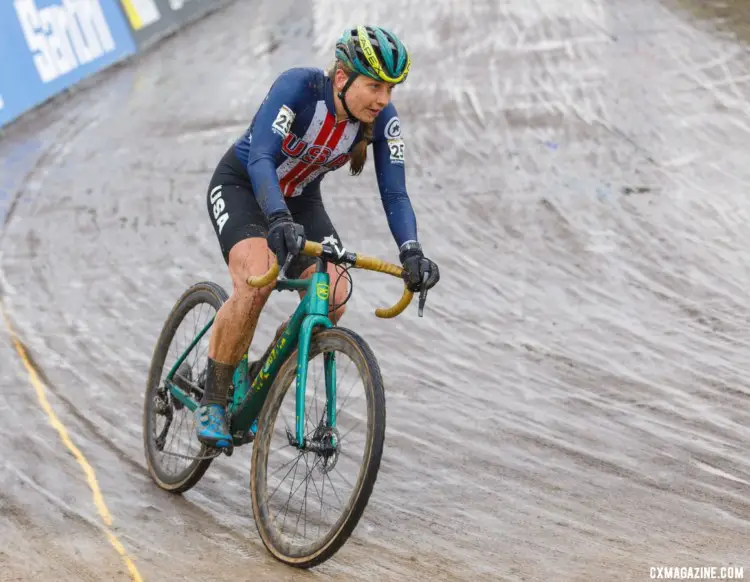 Fahringer on the cinder horse track. North American Elite Women, 2021 Cyclocross World Championships, Ostend, Belgium. © Alain Vandepontseele / Cyclocross Magazine
