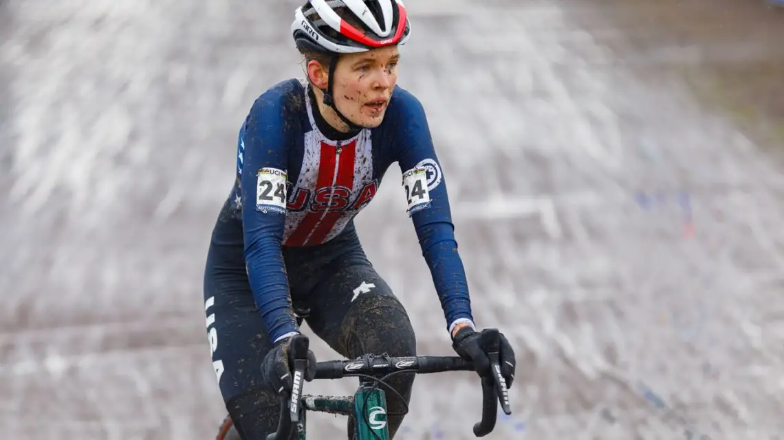 Honsinger finished 4th in her last race of a stellar season. North American Elite Women, 2021 Cyclocross World Championships, Ostend, Belgium. © Alain Vandepontseele / Cyclocross Magazine