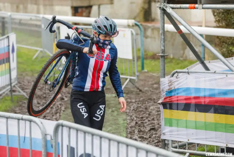 Katie Compton before the race. North American Elite Women, 2021 Cyclocross World Championships, Ostend, Belgium. © Alain Vandepontseele / Cyclocross Magazine