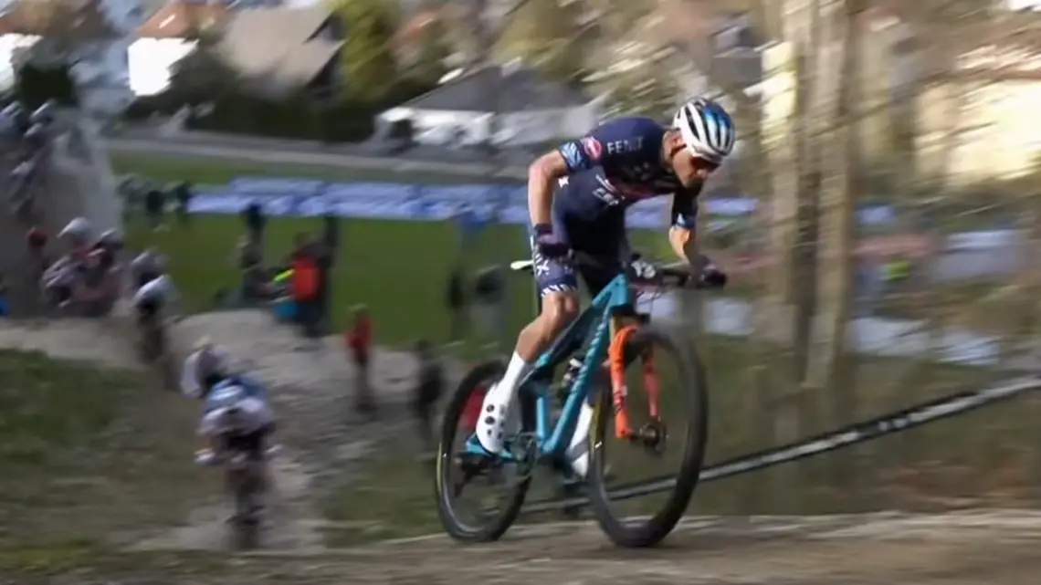 Mathieu van der Poel leads the 2021 UCI XCC Short Track Mountain Bike Race in Albstadt, Germany.