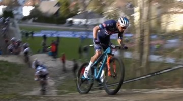 Mathieu van der Poel leads the 2021 UCI XCC Short Track Mountain Bike Race in Albstadt, Germany.