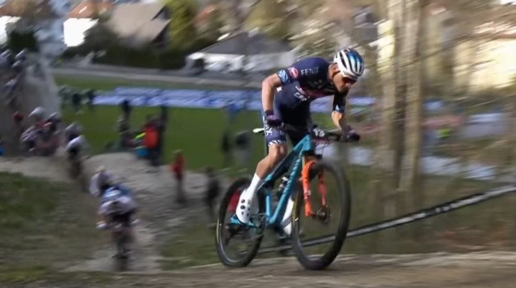 Mathieu van der Poel leads the 2021 UCI XCC Short Track Mountain Bike Race in Albstadt, Germany.