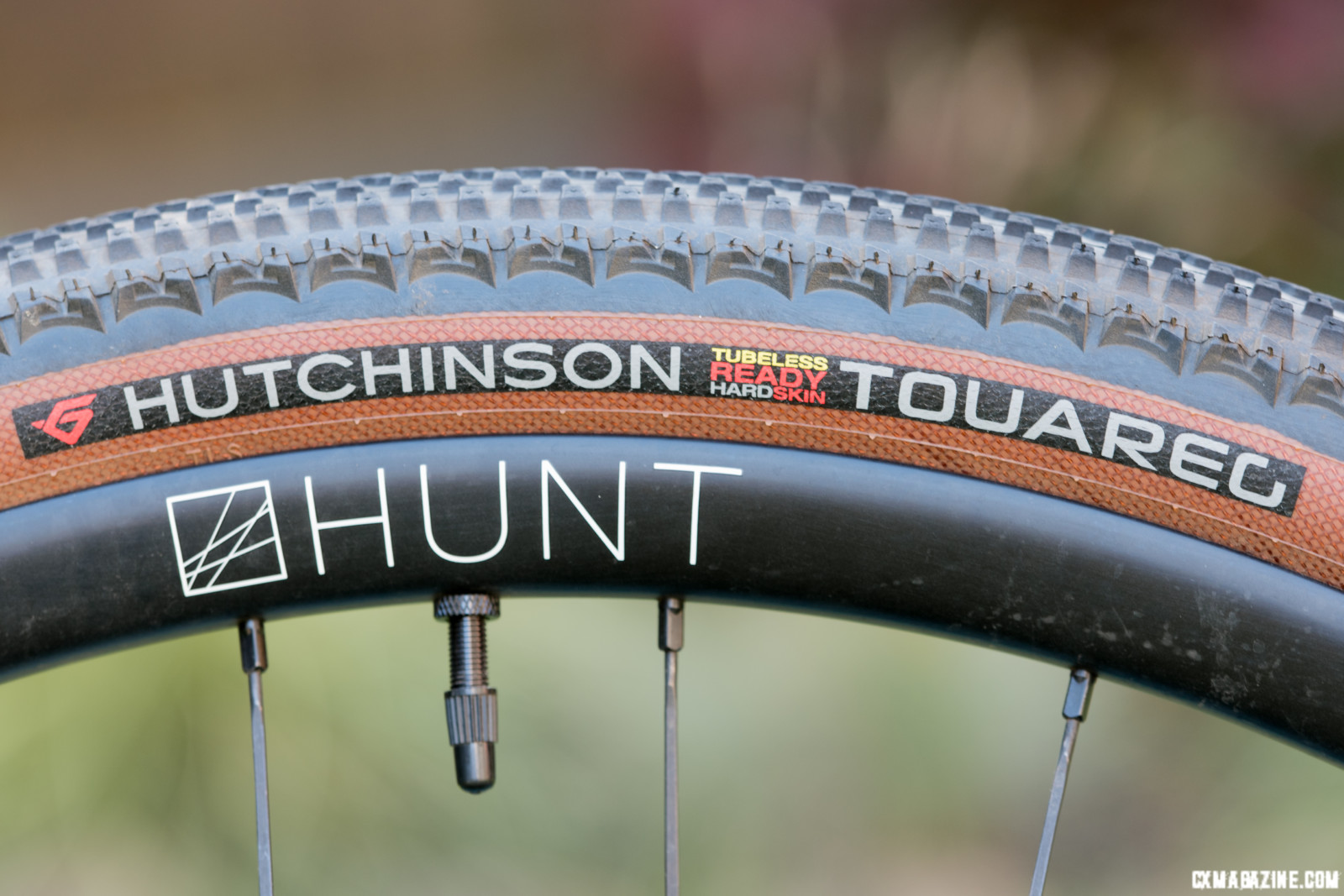 Tan wall version of the Hutchinson Touareg in 650B X 47 mounted on a Hunt 650B Adventure carbon wheel.