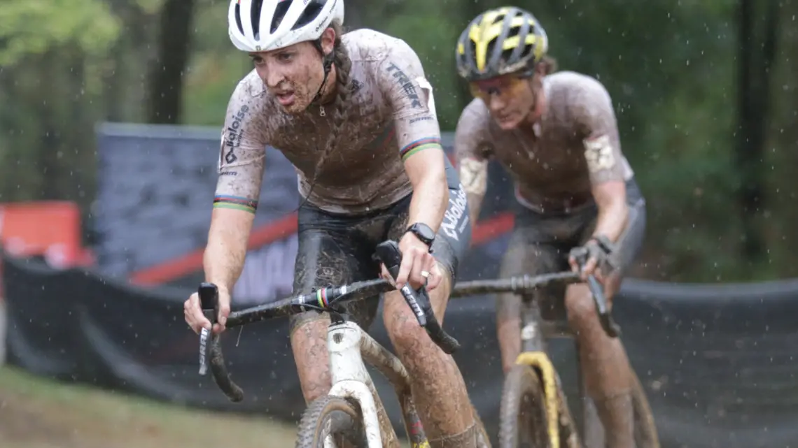 Lucinda Brand and Marianne Vos attack the Fayetteville World Cup course.