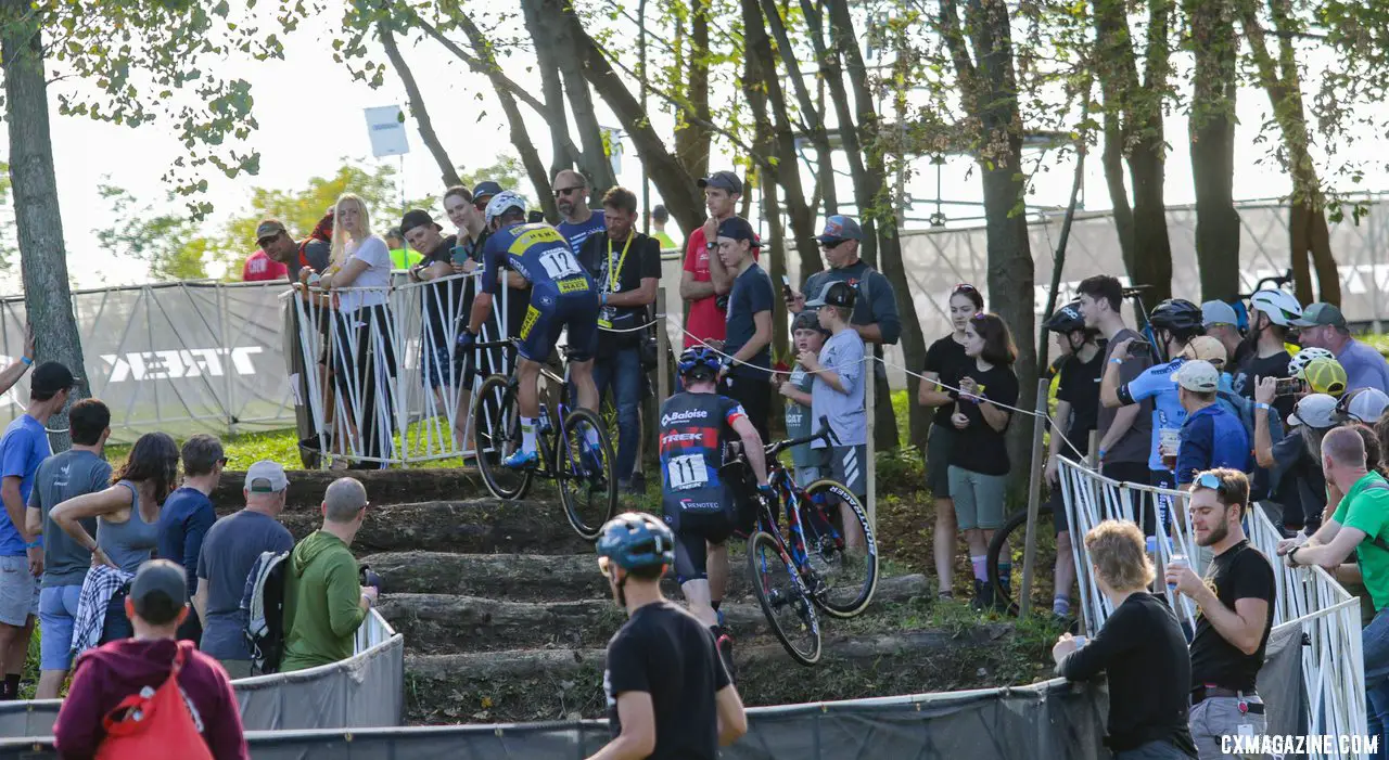 Soete rides while Aerts runs at the stairs. 2021 Trek CX Cup, Elite Men. © D. Mable / Cyclocross Magazine
