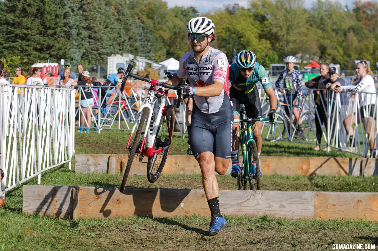 Michael Van Den Ham leads a bunnyhopping Kerry Werner. 2021 Trek CX Cup, Elite Men. © D. Mable / Cyclocross Magazine