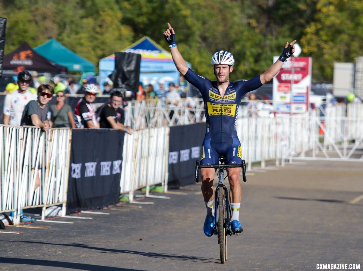 Daan Soete had time to celebrate his UCI C2 win. 2021 Trek CX Cup, Elite Men. © D. Mable / Cyclocross Magazine