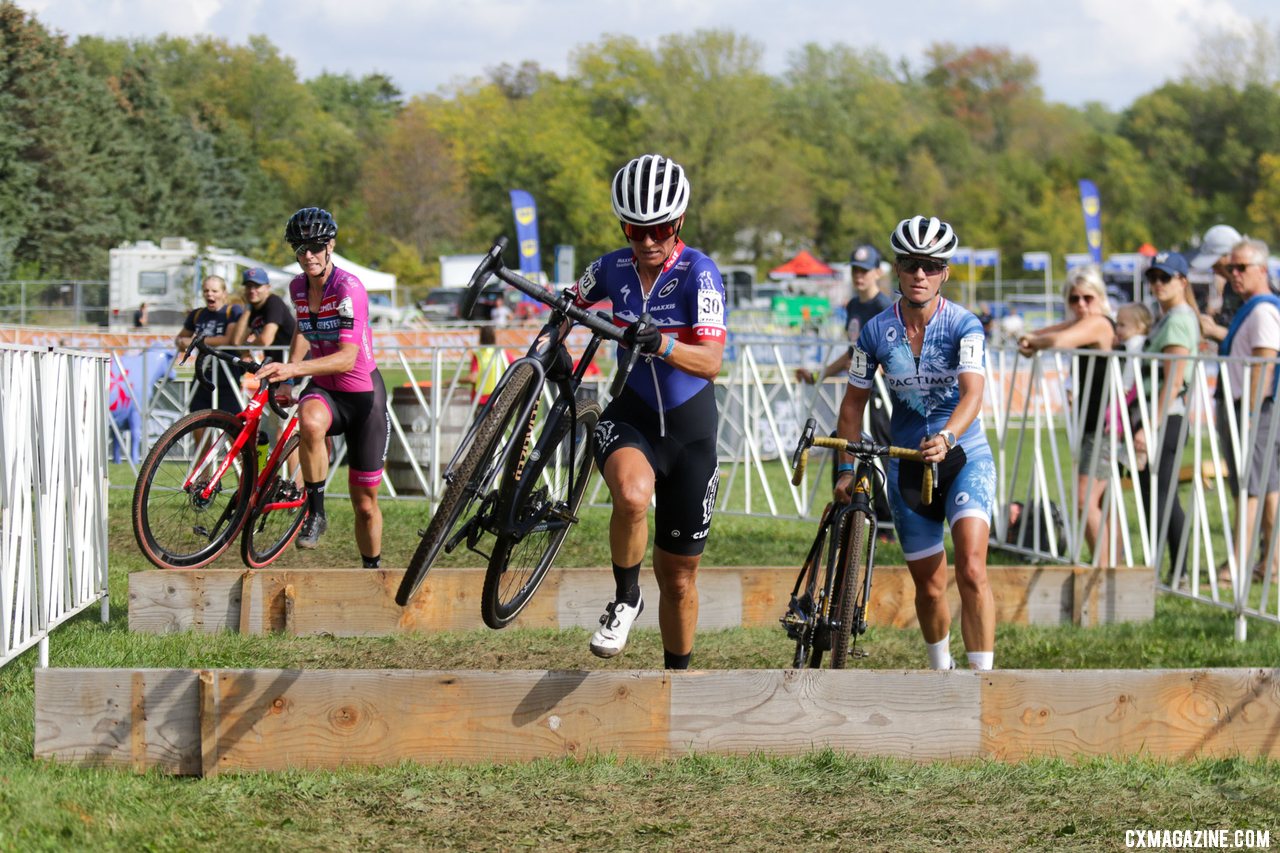 Nash leads Mani and Van Loy through the barriers. 2021 Trek CX Cup, Elite Women. © D. Mable / Cyclocross Magazine