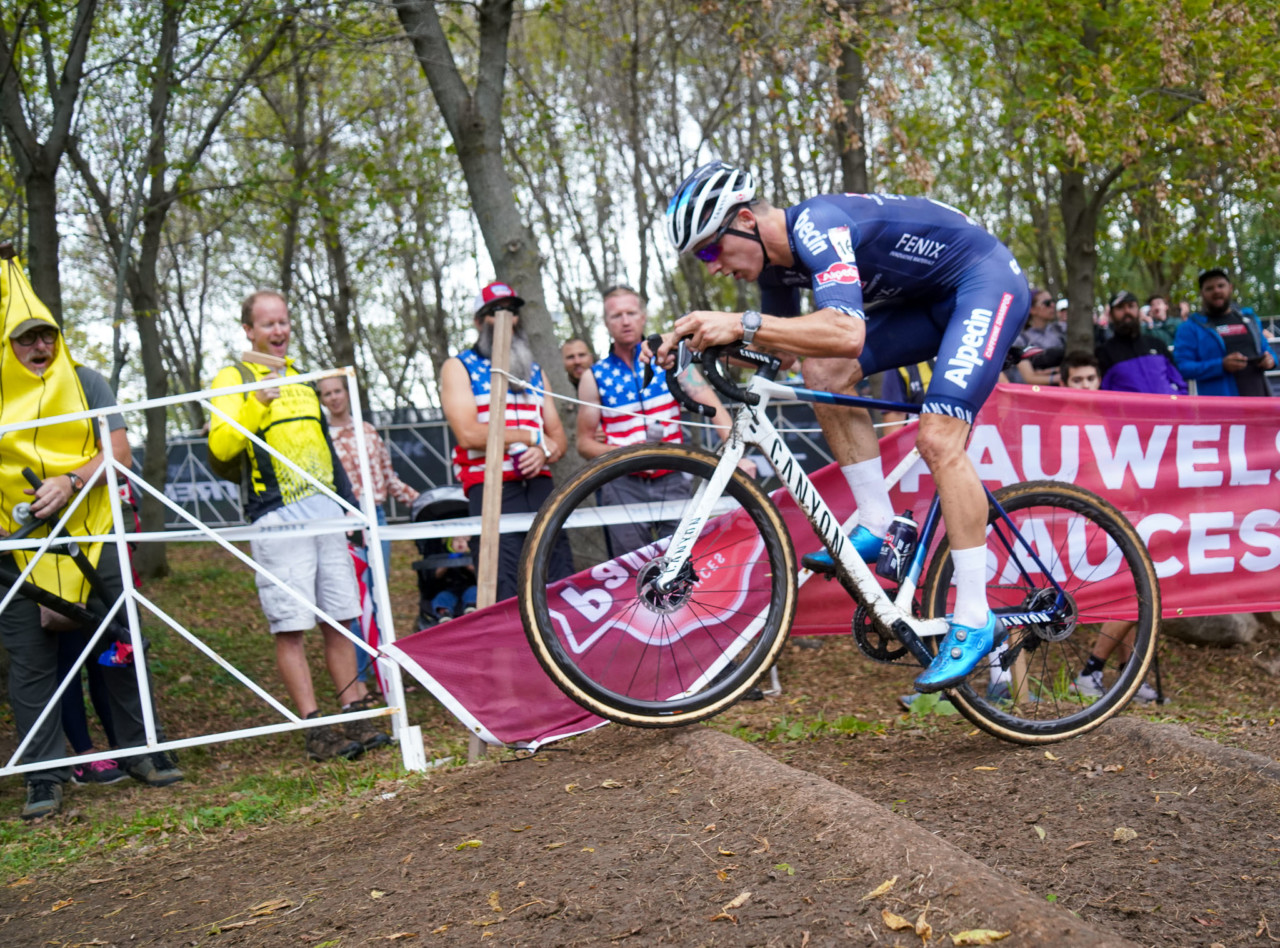 Niels Vandeputte rode the stairs that most ran. 2021 UCI Cyclocross World Cup Waterloo, Elite Men. © D. Mable / Cyclocross Magazine