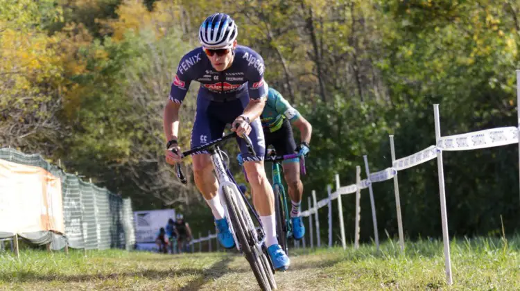 Niels Vandeputte put in countless attacks to drop Kerry Werner. His last lap surge before Mt. Krumpit stuck. 2021 Jingle Cross Day 2 Elite Men. © D. Mable / Cyclocross Magazine