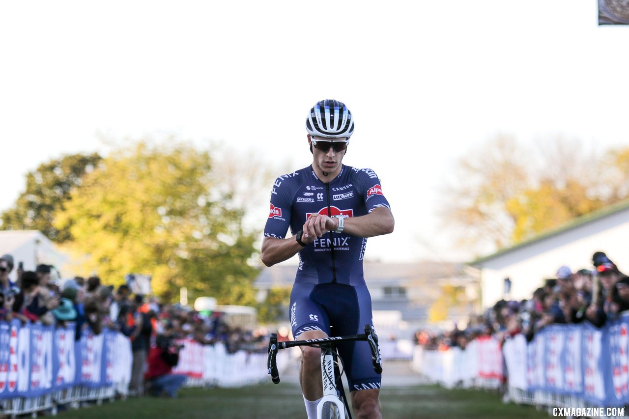 Niels Vandeputte put in countless attacks to drop Kerry Werner. His last lap surge before Mt. Krumpit stuck. 2021 Jingle Cross Day 2 Elite Men. © D. Mable / Cyclocross Magazine