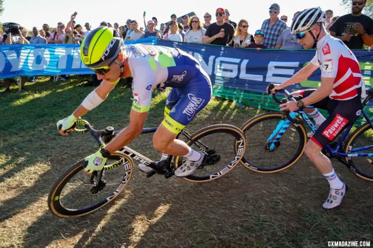 Hermans led Iserbyt down Mt. Krumpit. 2021 UCI Iowa City Cyclocross World Cup, Elite Men. © D. Mable / Cyclocross Magazine