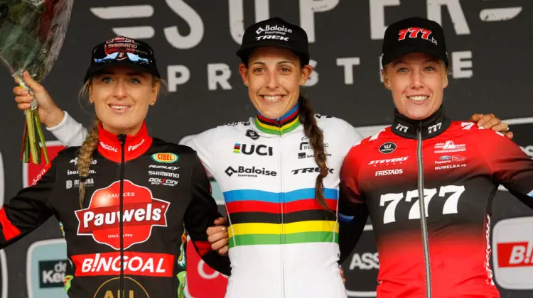 Denise Betsema, Lucinda Brand and Annemarie Worst. 2021 Superprestige Gieten. Elite Women. © B. Hazen / Cyclocross Magazine