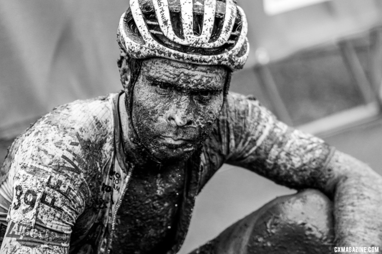 Marcel Meisen climbed to 15th on the day, but looked lost after the effort. 2021 UCI Cyclocross World Cup Fayetteville, Elite Men. © D. Mable / Cyclocross Magazine