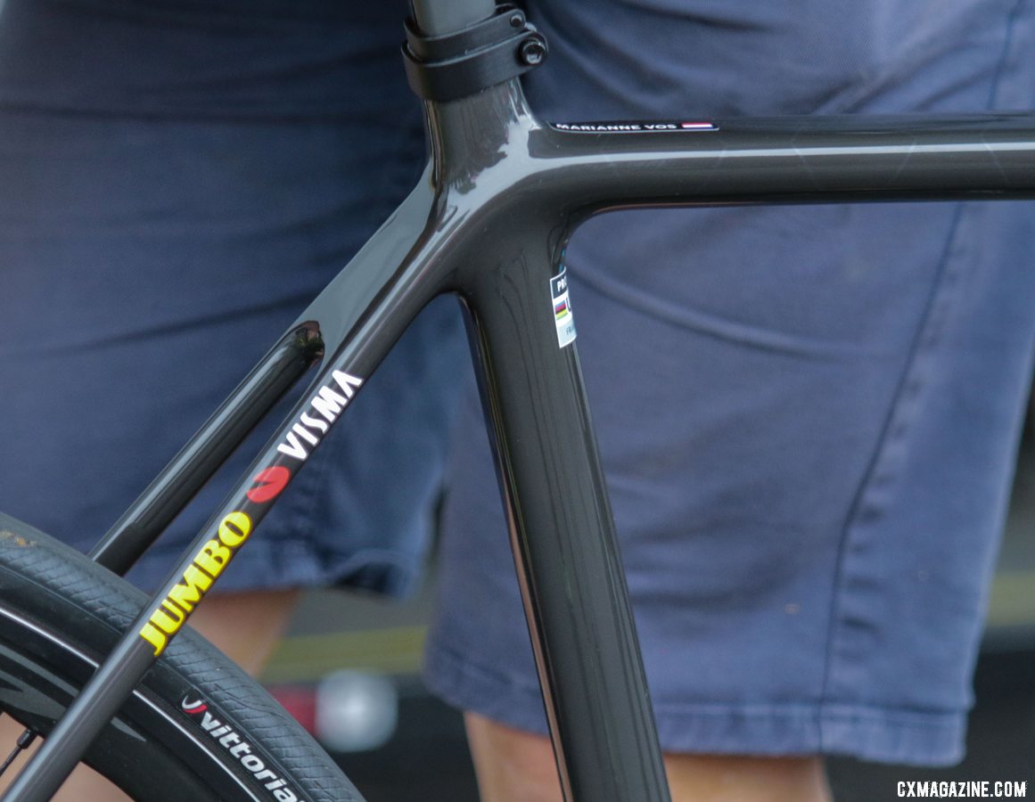 A UCI approval decal suggests the frame is nearly production ready. Marianne Vos' World Cup Waterloo-winning prototype Cervelo R5CX cyclocross bike. © D. Mable / Cyclocross Magazine