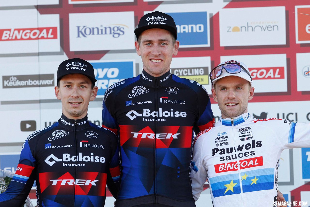 Toon Aerts and teammate Lars van der Haar go 1-2 in Zonhoven with Eli Iserbyt in third. Elite Men. 2021 Zonhoven UCI Cyclocross World Cup. © Cyclocross Magazine