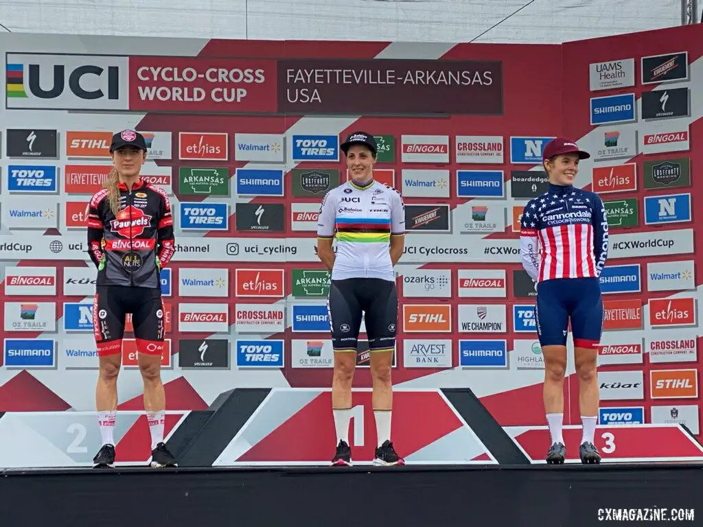 2021 Fayetteville World Cup podium. Betsema, Brand and Honsinger. © D. Mable / Cyclocross Magazine