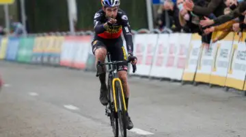 Wout van Aert crossing the finish line. 2021 X2O Trofee Azencross Loehout Elite Men. © B. Hazen / Cyclocross Magazine